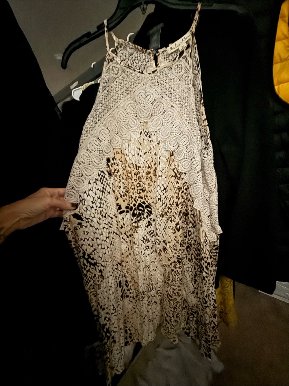 Halter Lace Yoke Animal Print Dress in Beige